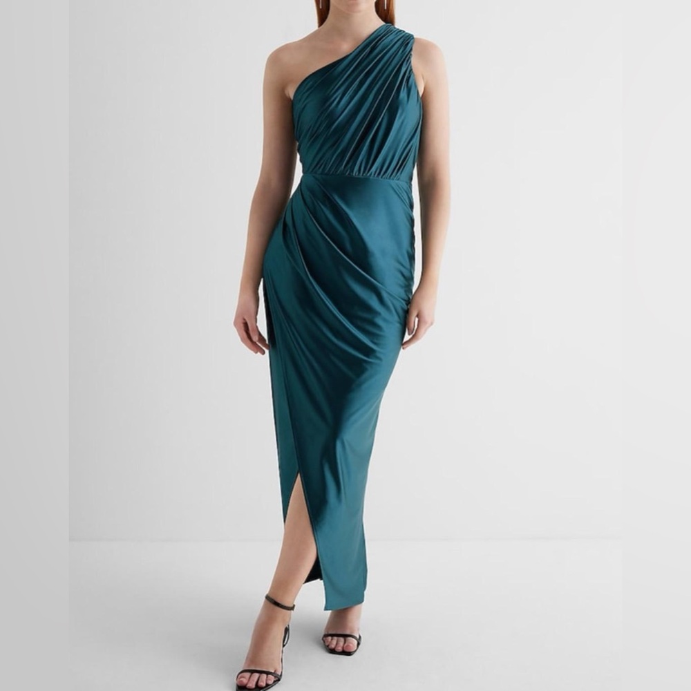 NWT Express One Shoulder Ruched Maxi Dress ~ Teal XS